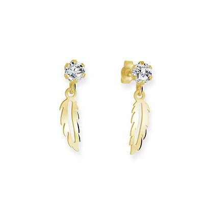 10K Yellow Gold Child Feather Earrings with cubic zirconia. Color: yellow | Doucet Latendresse