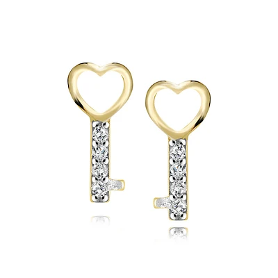 Heart key earrings with cubic zirconia in 10 yellow gold. Color: yellow | Doucet Latendresse