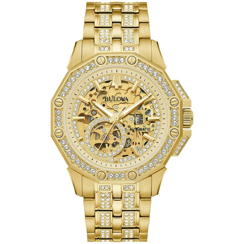 Montre Bulova pour homme de la collection Crystal avec boîtier et bracelet en acier inoxydable doré avec 251 cristaux sur la lunette | Doucet Latendresse