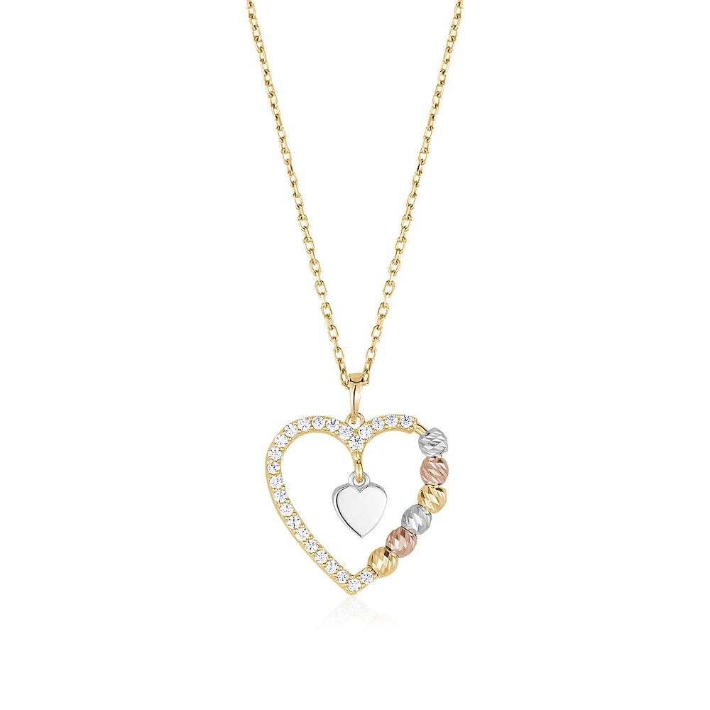 Heart-shaped pendant for women - 3 tones 10K Gold & cubic zirconia - 18