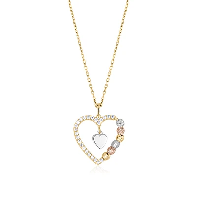 Heart-shaped pendant for women - 3 tones 10K Gold & cubic zirconia - 18