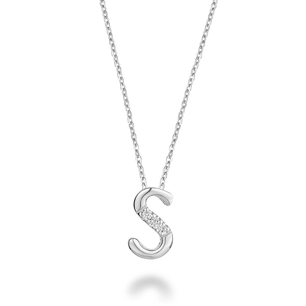 Letter S pendant in white gold with 3 point diamond - chain included. Color: white | Doucet Latendresse