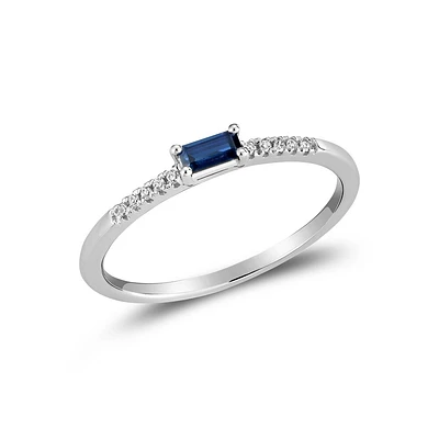 Synthetic sapphire ring with 3 points diamond -10K white Gold. Color: white | Doucet Latendresse