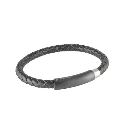 Matte black leather and stainless steel bracelet 8.5'' for men. Color: black | Doucet Latendresse