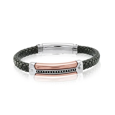 Men's Braided Leather Bracelet with Steel and Rose-Tone Accents. Color: 2 tons | Doucet Latendresse