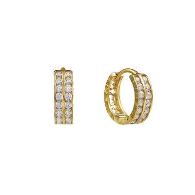 Earrings for women with two rows of 10k Gold and Zircon - white 11mm. Color: yellow | Doucet Latendresse