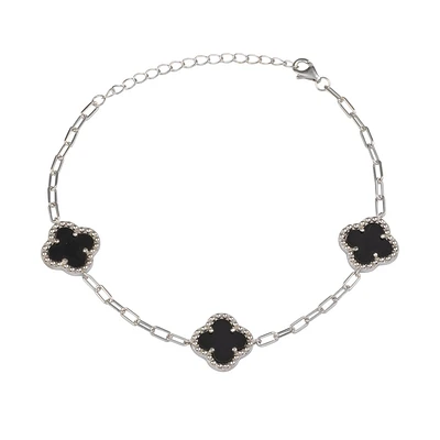 Women's bracelet - black onyx clover - silver.925. Color: white | Doucet Latendresse