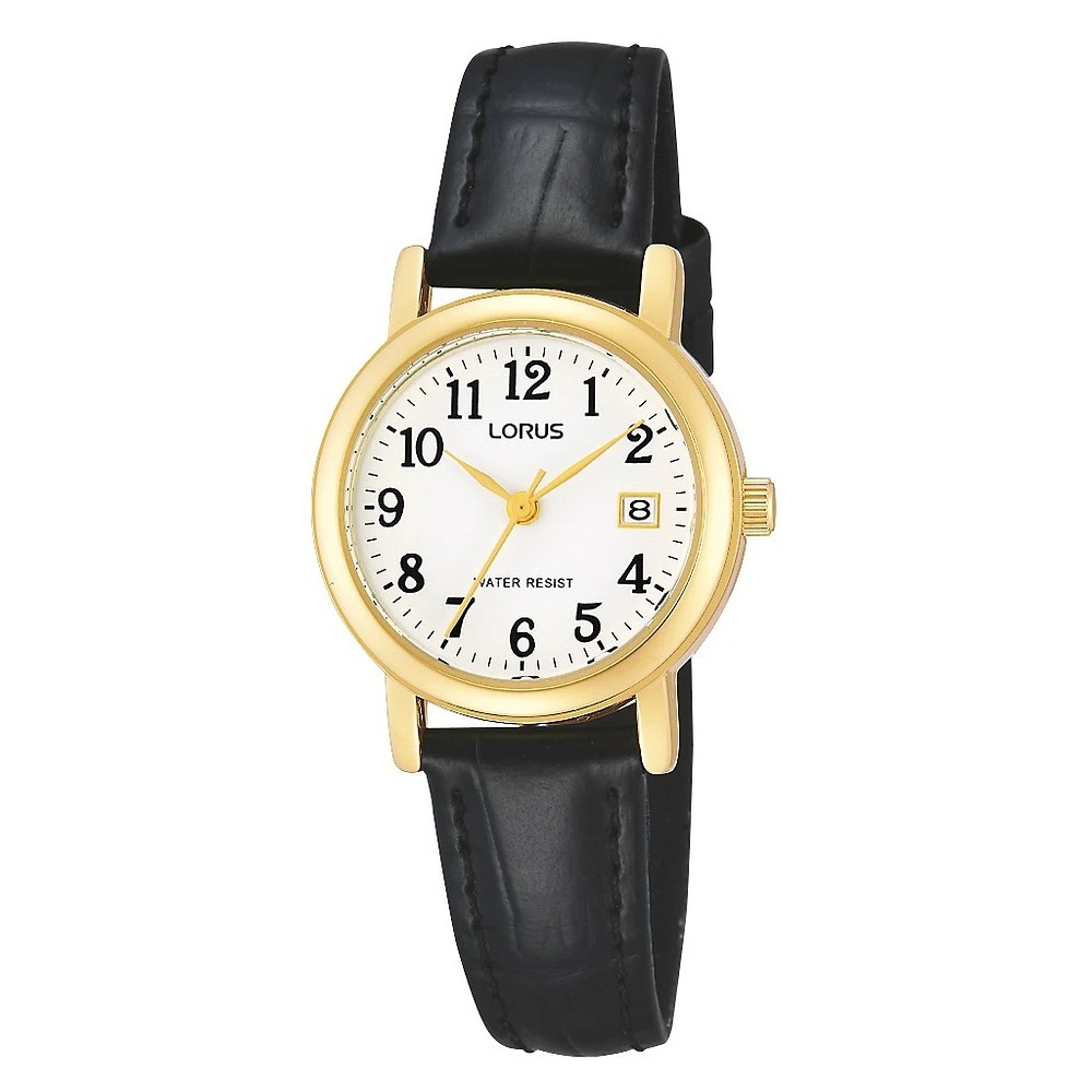 montre pour dames avec boîtier en acier inoxydable plaqué or et bracelet en cuir véritable | Doucet Latendresse