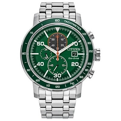 Citizen Eco-Drive Chronograph Watch – 44mm Green Dial Stainless Steel | Doucet Latendresse
