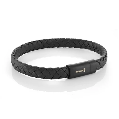 BRACELET HOMME EN ACIER INOXYDABLE NOIR ET FERMOIR MAT 8MM EN CUIR NOIR 8