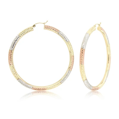 Women's 10k gold tricolor hoop earrings. Color: 3 tone | Doucet Latendresse