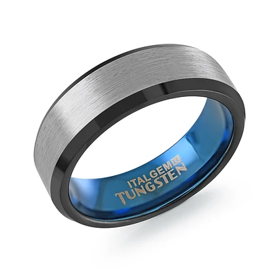 Men's Black & Blue Tungsten Ring with Brushed Center – 7mm | Doucet Latendresse