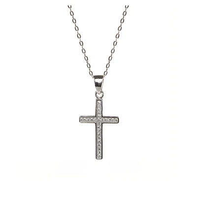 Sterling Silver Cubic Zirconia Pendant Necklace - Cross Charm. Color: white | Doucet Latendresse