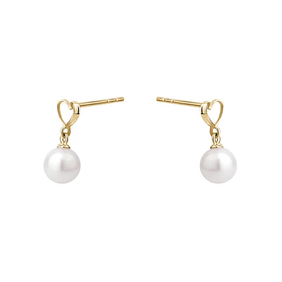 10K Gold Heart Stud Drop Earrings with Freshwater Pearls. Color: yellow | Doucet Latendresse