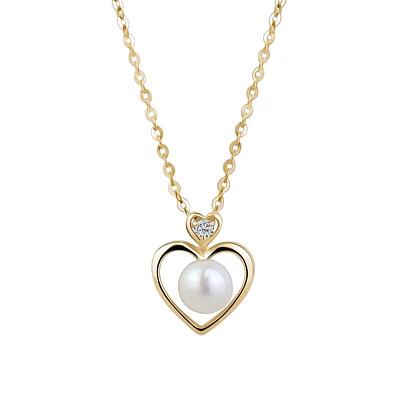 10K Gold Heart Necklace with Freshwater Pearl and Cubic Zirconia. Color: yellow | Doucet Latendresse