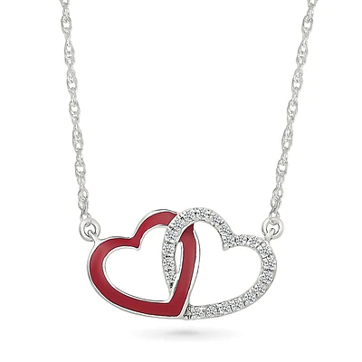 Sterling Silver Intertwined Red Enamel and Diamond Heart Necklace. Color: red | Doucet Latendresse