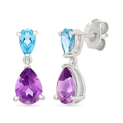 Sterling Silver Drop Earrings with Blue Topaz and Amethyst. Color: white | Doucet Latendresse