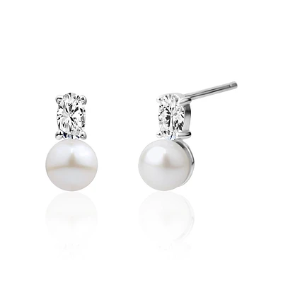 Sterling Silver Freshwater Pearl and Cubic Zirconia Stud Earrings. Color: silver | Doucet Latendresse