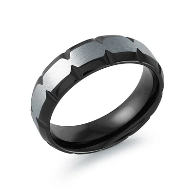 Men's Black & Silver Stainless Steel Ring with Sculpted Groove Design – 7mm | Doucet Latendresse