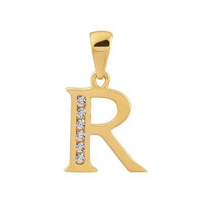 14K Gold Initial “R” Pendant with Cubic Zirconia. Color: yellow | Doucet Latendresse