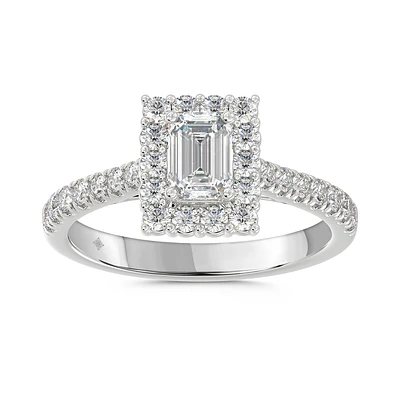 Bague de Fiançailles Halo avec Diamant de Laboratoire Taille Émeraude en Or Blanc 14K. Color: blanc | Doucet Latendresse
