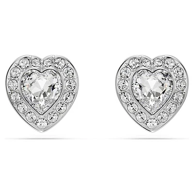 Rhodium Plated Heart-Shaped Crystal Stud Earrings. Color: white | Doucet Latendresse
