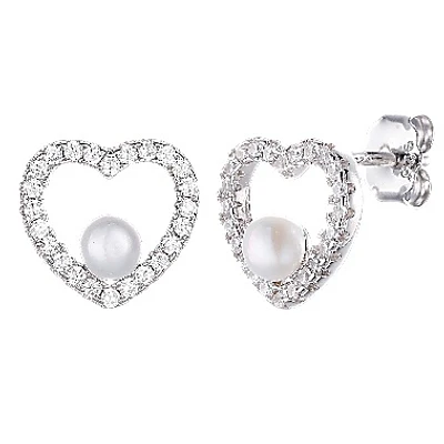 Sterling Silver Cubic Zirconia and Pearl Stud Earrings - Heart Shaped. Color: silver | Doucet Latendresse