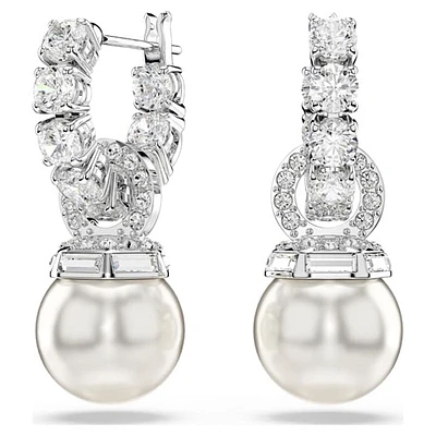 Rhodium Plated Pearl and Crystal Drop Earrings. Color: white | Doucet Latendresse