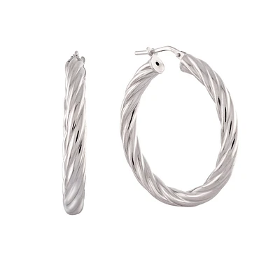 Sterling Silver Twisted Hoop Earrings – Rhodium Finish. Color: white | Doucet Latendresse