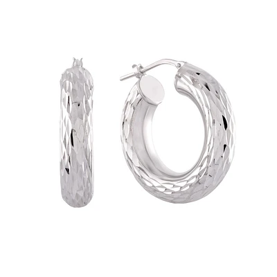 Sterling Silver Textured Hoop Earrings with Rhodium Finish. Color: white | Doucet Latendresse