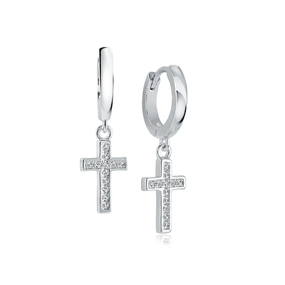 Stainless Steel Drop Earrings with Cubic Zirconia Cross Charms. Color: white | Doucet Latendresse
