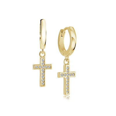 Gold Tone Stainless Steel Drop Earrings with Cubic Zirconia Cross Charms. Color: yellow | Doucet Latendresse