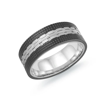 Stainless Steel Ring with Textured Black Detailing and Interlocked Design – 8mm. Color: black | Doucet Latendresse