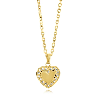 Gold Tone Stainless Steel Heart Pendant Necklace with Cubic Zirconia – 18