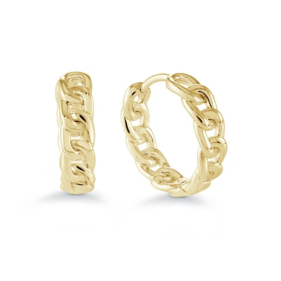 Gold Tone Stainless Steel Hoop Earrings with Curb Chain Design. Color: yellow | Doucet Latendresse