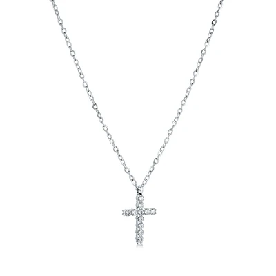 Stainless Steel Cross Pendant Necklace with Cubic Zirconia – 16