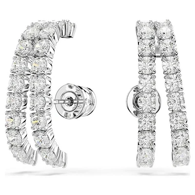 Rhodium Plated Double Row Crystal Hoop Earrings. Color: white | Doucet Latendresse