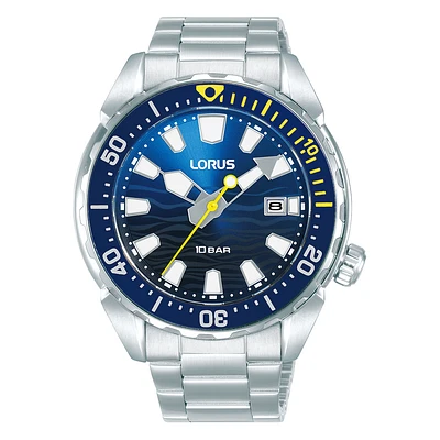 Lorus Blue Dial Diver Style Watch with Stainless Steel Bracelet – 41mm, 100M Water Resistant | Doucet Latendresse