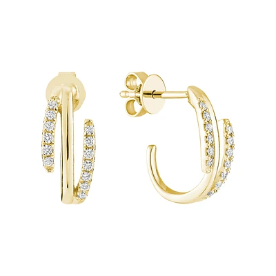 14K Gold Diamond Double Huggie Drop Earrings. Color: yellow | Doucet Latendresse