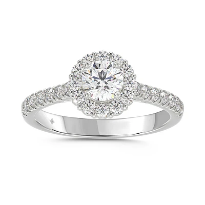 Bague de Fiançailles Halo en Or Blanc 14K avec Diamant de Laboratoire Rond et Anneau Pavé. Color: blanc | Doucet Latendresse