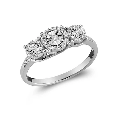 10K White Gold Three-Stone Diamond Halo Ring. Color: white | Doucet Latendresse