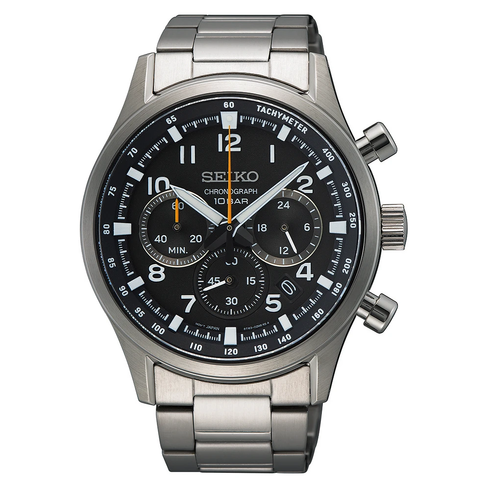 Seiko Stainless Steel Chronograph Watch – 42 mm Black Dial, Stainless Steel Bracelet, Tachymeter | Doucet Latendresse