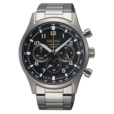 Seiko Stainless Steel Chronograph Watch – 42 mm Black Dial, Stainless Steel Bracelet, Tachymeter | Doucet Latendresse