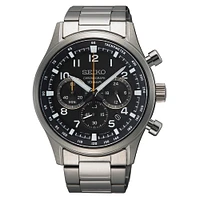 Seiko Stainless Steel Chronograph Watch – 42 mm Black Dial, Stainless Steel Bracelet, Tachymeter | Doucet Latendresse
