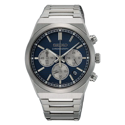 Seiko Stainless Steel Chronograph Watch – 41.5 mm Blue Dial, Stainless Steel Bracelet | Doucet Latendresse