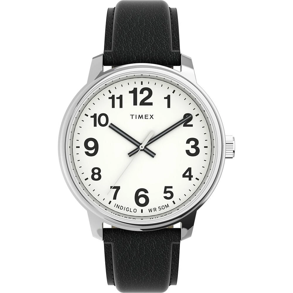 Timex Easy Reader Watch – 38mm White Dial, Black Leather Strap | Doucet Latendresse