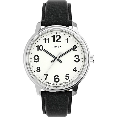Timex Easy Reader Watch – 38mm White Dial, Black Leather Strap | Doucet Latendresse