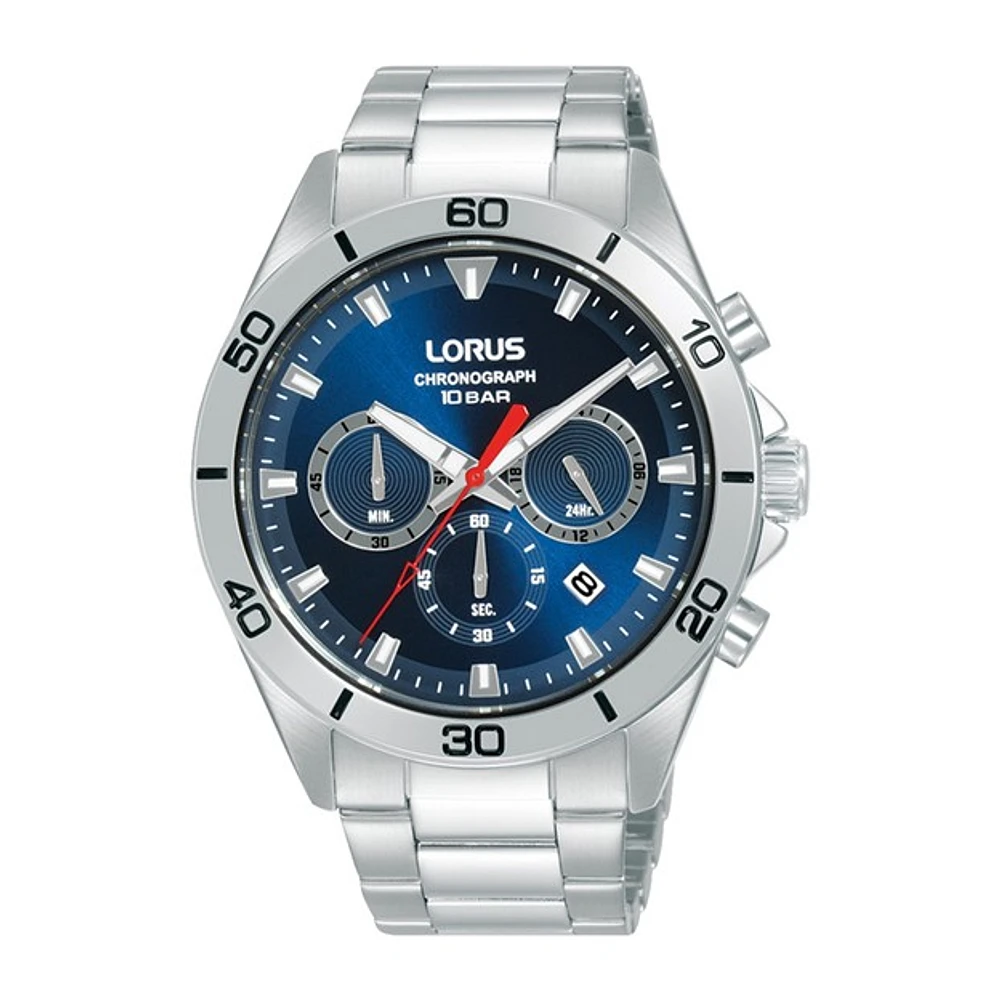 Lorus Chronographe 43mm – Cadran Bleu avec Bracelet en Acier Inoxydable Argenté | Doucet Latendresse