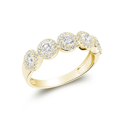 14K Yellow Gold Five-Stone Halo Diamond Band Ring. Color: yellow | Doucet Latendresse