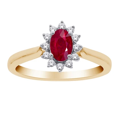 10K Yellow Gold Oval Ruby and Diamond Halo Ring. Color: yellow | Doucet Latendresse